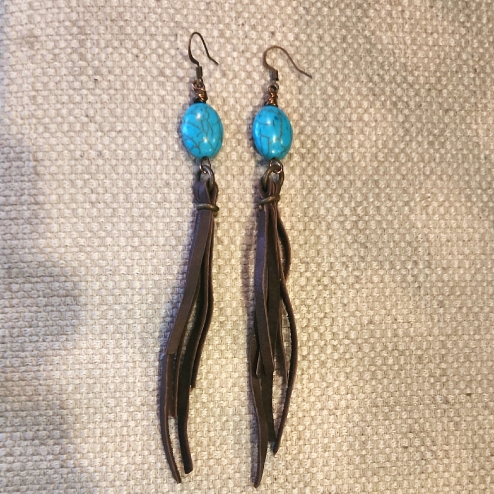 Turquoise leather tassel earrings